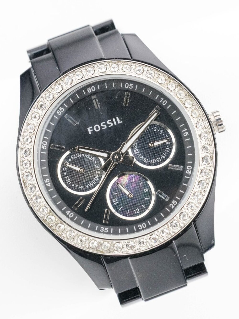 Fossil ES2157 Stella Black Resin Crystal Quartz Analog Women's Watch New Battery